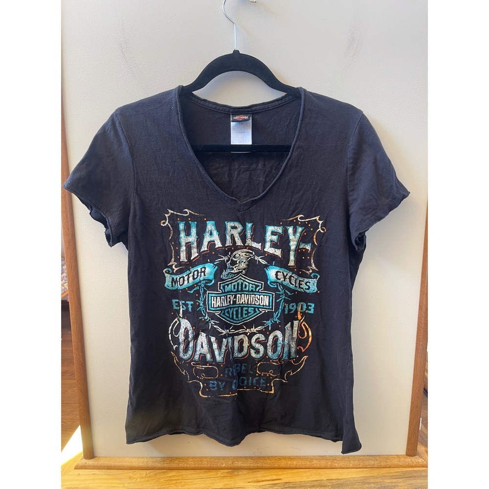 Harley-Davidson Graphic T-Shirt Womens L Black Excellent Rebel By Choice V-Neck